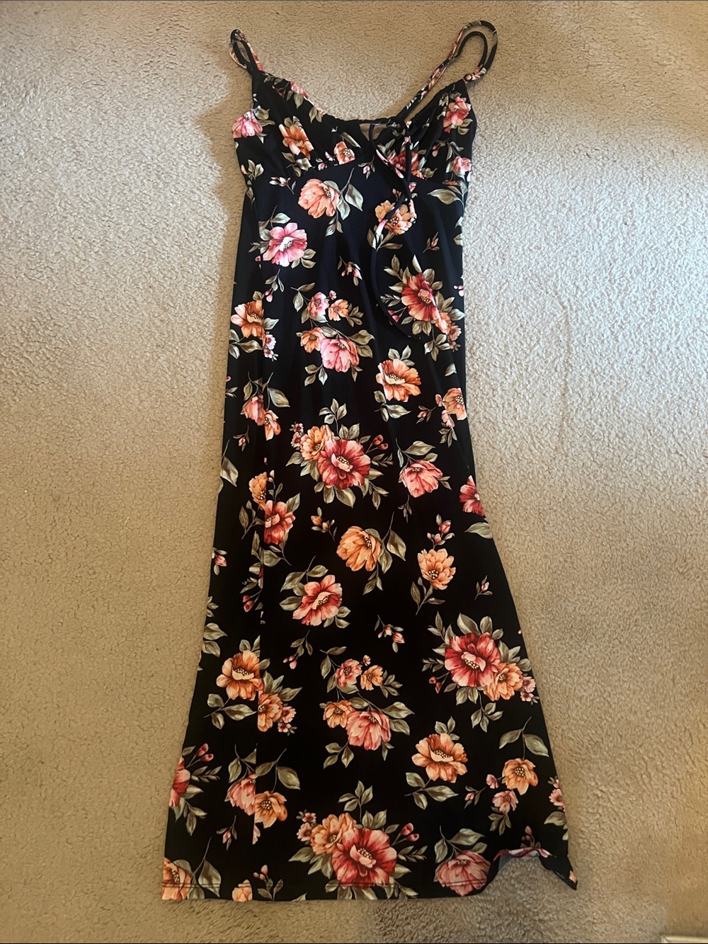 Black Floral Slip Dress with Pink & Peach Blooms